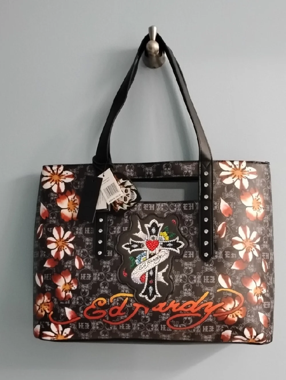 Ed Hardy Black Floral Tote with Cross Patch and Orange Script - Picture 1 of 6